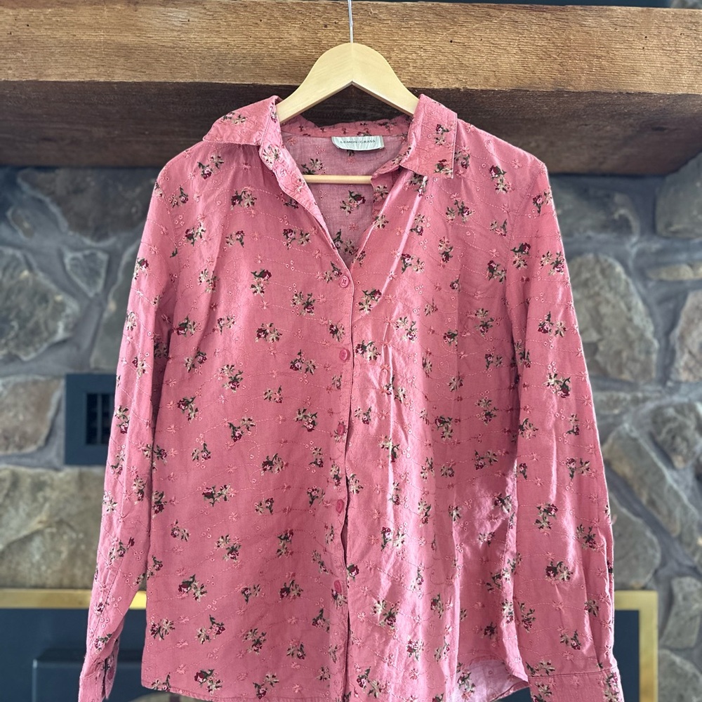 Vintage Lemon Grass Pink Floral Embroidered Blouse | Cottagecore Romantic Top